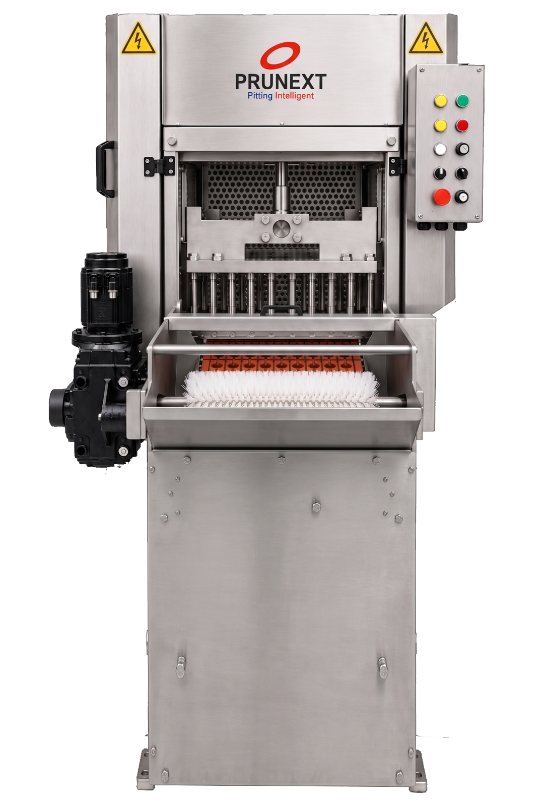 Descarozadora PRUNEXT X40C, vista frontal mostrando el sistema de punzones y la cinta de mandriles con cepillo de limpieza